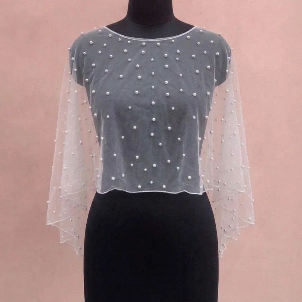 New Vintage‎ Glam Pearl Bridal Shrug Retro 60s Tulle Capelet Bolero Shawl Cover